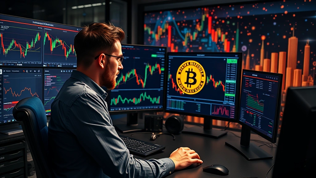 Cryptocurrency trader analyzing market data on multiple screens with Bitcoin charts visible, digital wallet interface displaying crypto assets, modern office setup with blockchain-themed background, professional yet tech-forward environment, photorealistic lighting and detailed tech equipment