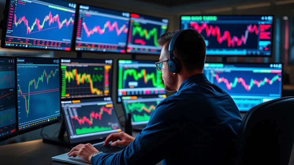 Cryptocurrency trader analyzing multiple digital screens showing market data and blockchain transactions in a modern trading room environment, realistic lighting and professional setup