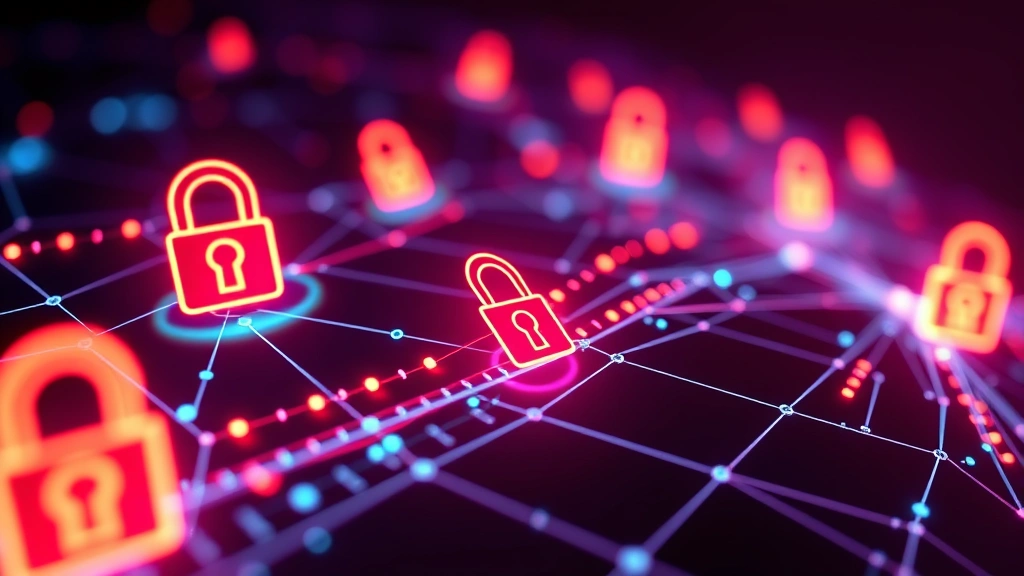 Abstract representation of digital security and cryptography with padlock symbols, blockchain nodes, and secure network connections glowing in neon colors against dark background