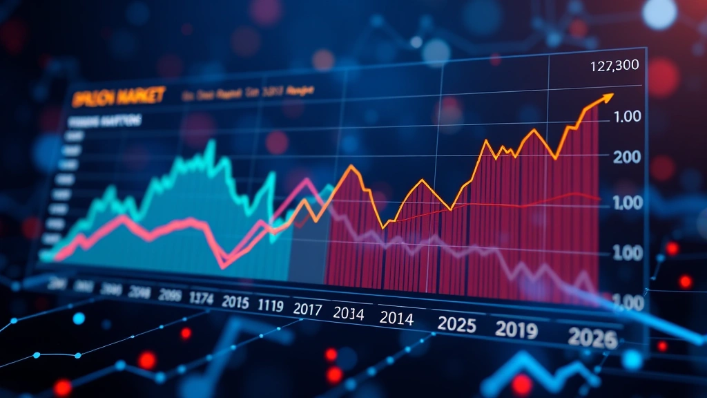 Digital representation of prediction markets with price charts and outcome probability indicators in abstract blockchain environment