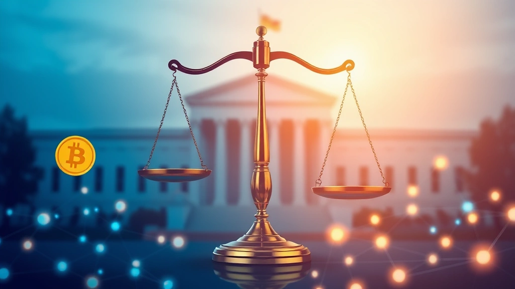 Abstract representation of regulatory compliance with digital scales balancing cryptocurrency symbols and law books, government building silhouette in background, glowing blockchain nodes forming a network pattern, blue and gold color palette, professional legal technology aesthetic, no visible text or numbers