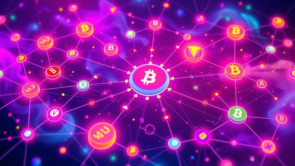 Decentralized finance ecosystem diagram illustrated as interconnected nodes and digital tokens floating in cyberspace, vibrant neon colors representing different blockchain networks