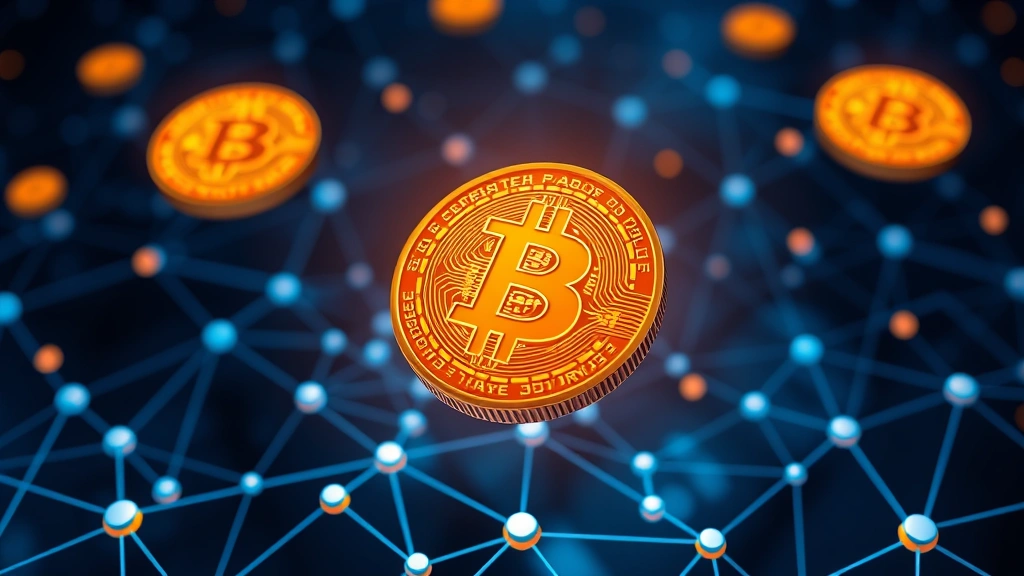 Digital cryptocurrency coins with Bitcoin symbol glowing bright orange and gold, floating above a network of interconnected nodes and blockchain chains, representing decentralized financial technology