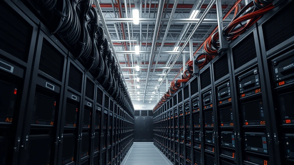 Vast mining operation warehouse with rows of specialized ASIC mining hardware computers under industrial lighting, showing the scale of Bitcoin network infrastructure and computational power