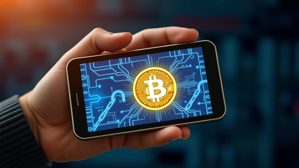 Person holding Bitcoin hardware wallet device with digital lock symbol and chain imagery on screen, symbolizing security and custody of cryptocurrency assets