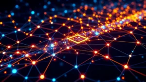 Blockchain network nodes connected by glowing digital pathways, representing Bitcoin's distributed ledger technology and mining ecosystem during the 2016 halving period
