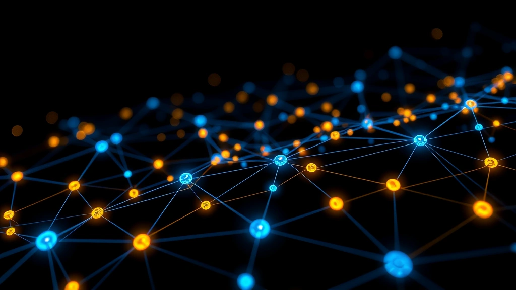 Photorealistic image of Bitcoin blockchain network visualization with glowing digital nodes and interconnected pathways representing distributed ledger technology, dark background with blue and gold color scheme