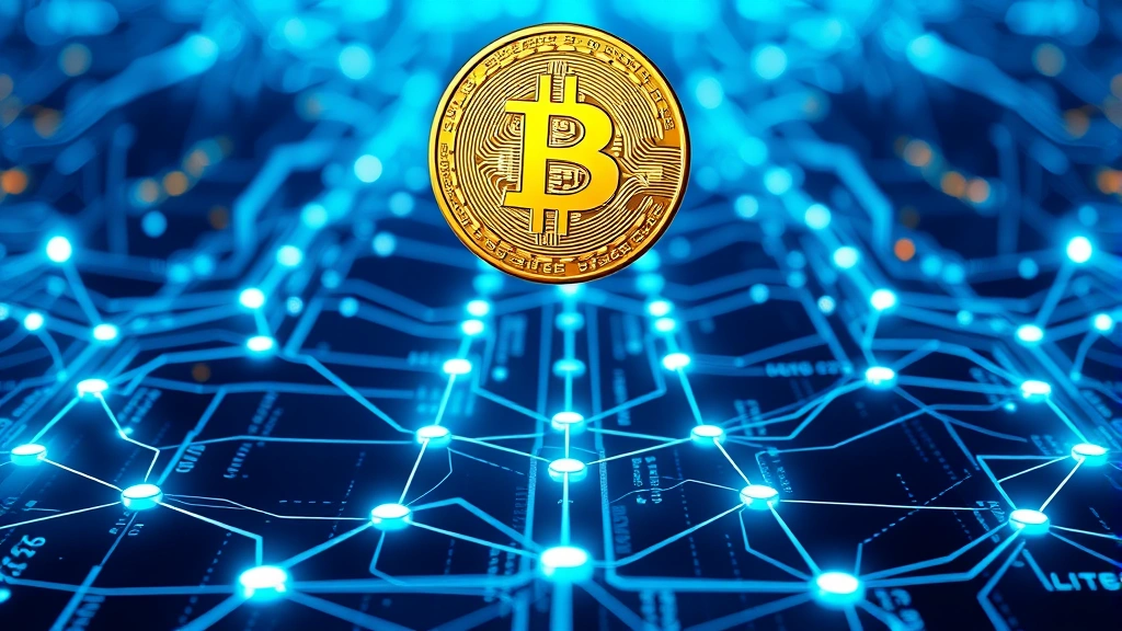 Digital Bitcoin coin floating above blockchain network nodes with glowing connections, representing 2016 recovery and halving event, photorealistic 3D rendering