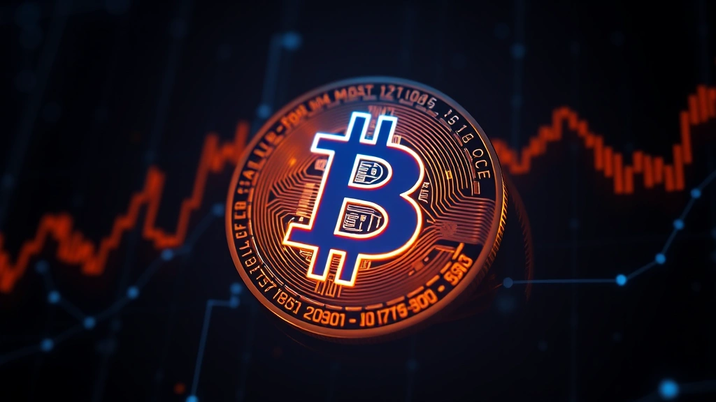 Digital cryptocurrency Bitcoin coin glowing with blue and orange light against dark blockchain network background, representing 2016 bull market momentum and price appreciation