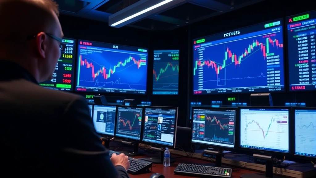 Cryptocurrency exchange trading floor with multiple monitors displaying market data, representing institutional adoption and increased trading volume in 2016