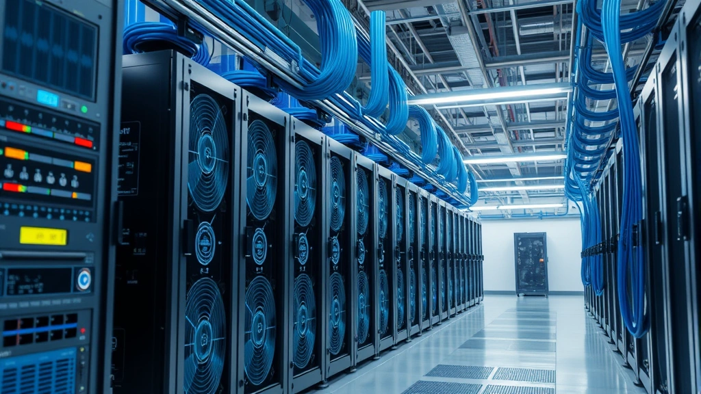 Photorealistic image of mining facility with rows of specialized cryptocurrency mining hardware, blue cooling systems, and cables, industrial setting showing computational power infrastructure