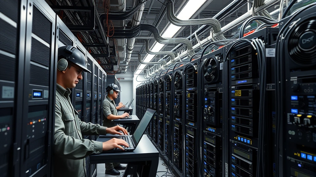Miners in industrial facility operating rows of specialized ASIC hardware equipment with cooling systems, depicting post-halving mining economics and network security infrastructure