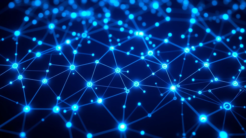 Photorealistic photograph of a blockchain network visualization with interconnected nodes glowing in blue and cyan, representing distributed ledger technology and mining operations, no text overlay