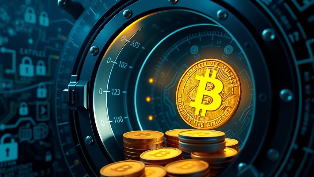 Digital representation of Bitcoin coins emerging from a secure vault with encryption symbols, representing custody solutions and institutional-grade security infrastructure developed in 2016