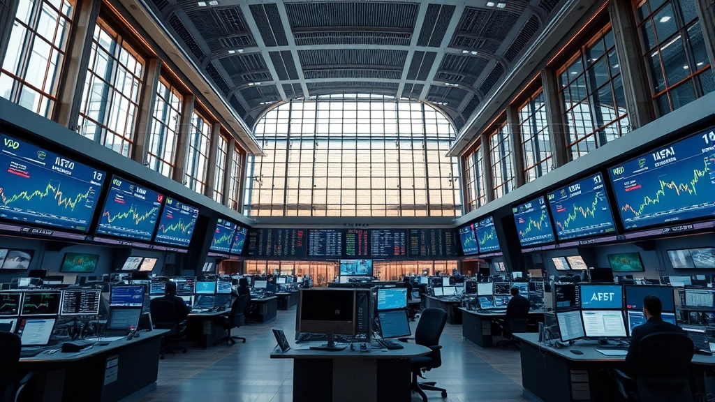 Photorealistic image of institutional finance building interior with modern trading floor setup, multiple screens displaying financial data, professional traders at workstations, representing mainstream adoption