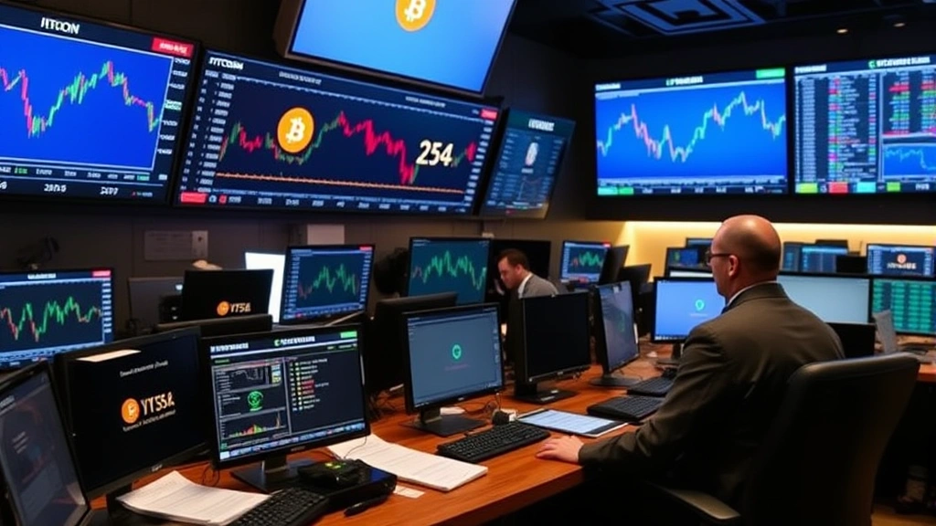 Cryptocurrency exchange trading floor with multiple screens and data streams, showing market momentum and increasing institutional participation during late 2016 Bitcoin rally
