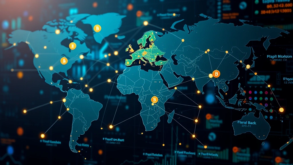 Global financial markets visualization with interconnected nodes and data flows, representing macroeconomic factors like currency volatility and central bank policies influencing Bitcoin value