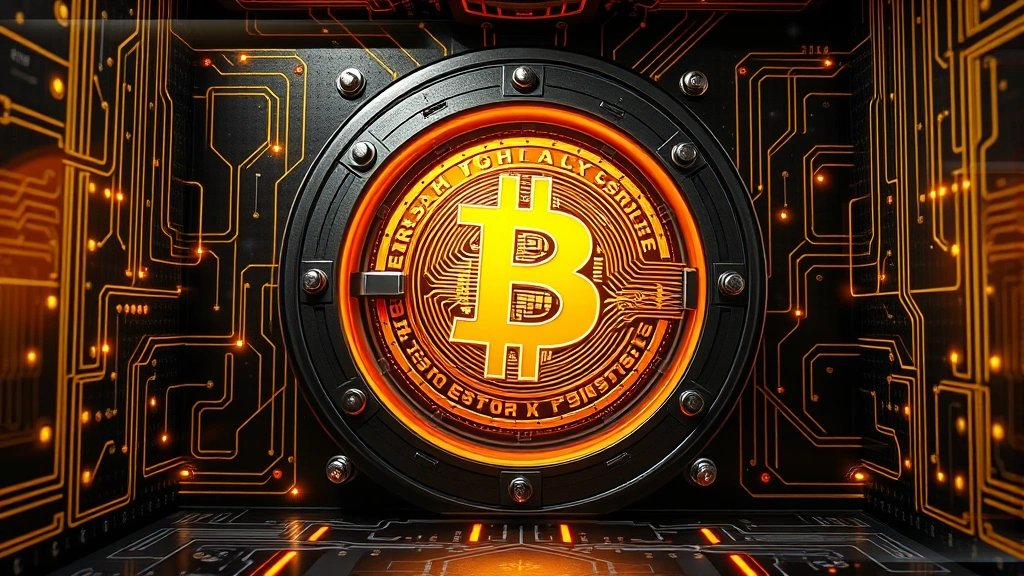 Photorealistic image of a secure digital vault or fortress representing Bitcoin security and decentralization, with modern technology elements like fiber optic cables and circuit patterns, no text or data