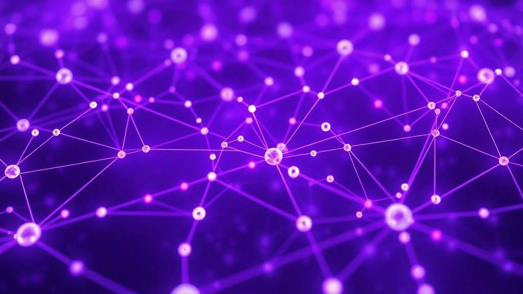 Futuristic purple-tinted blockchain network visualization showing interconnected nodes and data flow in a three-dimensional space, photorealistic digital art style