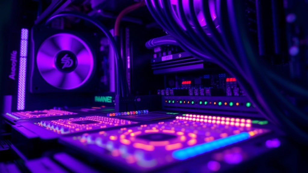 Close-up of cryptocurrency mining operation with purple ambient lighting reflecting off computer hardware and circuit boards, showing active cooling systems
