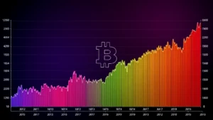 Colorful logarithmic Bitcoin price chart with rainbow-colored bands representing different valuation zones from red to purple, showing Bitcoin's entire price history on a single visualization, digital financial data visualization style