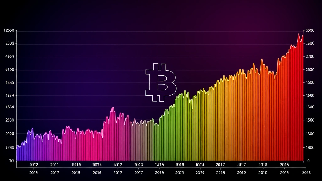Colorful logarithmic Bitcoin price chart with rainbow-colored bands representing different valuation zones from red to purple, showing Bitcoin's entire price history on a single visualization, digital financial data visualization style