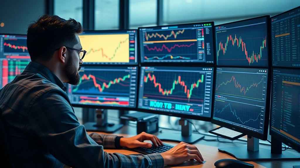 Cryptocurrency trader analyzing multiple technical analysis tools simultaneously on computer screens, showing various charts and indicators including moving averages and oscillators, modern trading desk environment