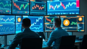Institutional investors analyzing cryptocurrency data on screens with Bitcoin charts and financial graphs, professional setting with multiple monitors, modern fintech office environment, photorealistic