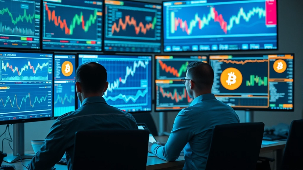 Institutional investors analyzing cryptocurrency data on screens with Bitcoin charts and financial graphs, professional setting with multiple monitors, modern fintech office environment, photorealistic