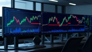 Photorealistic image of a modern cryptocurrency trading terminal displaying Bitcoin price charts and market data with blue and green candlesticks, professional trading desk environment with multiple monitors, no text or ticker symbols visible, sleek fintech aesthetic