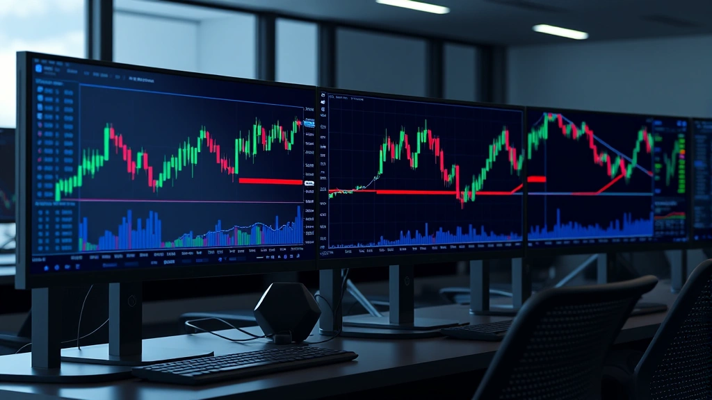 Photorealistic image of a modern cryptocurrency trading terminal displaying Bitcoin price charts and market data with blue and green candlesticks, professional trading desk environment with multiple monitors, no text or ticker symbols visible, sleek fintech aesthetic