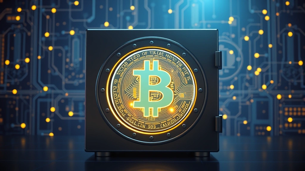Photorealistic image of a secure digital vault with glowing Bitcoin symbols, representing institutional cryptocurrency custody and security infrastructure, abstract blockchain network visualization in background, sophisticated financial security concept, no text