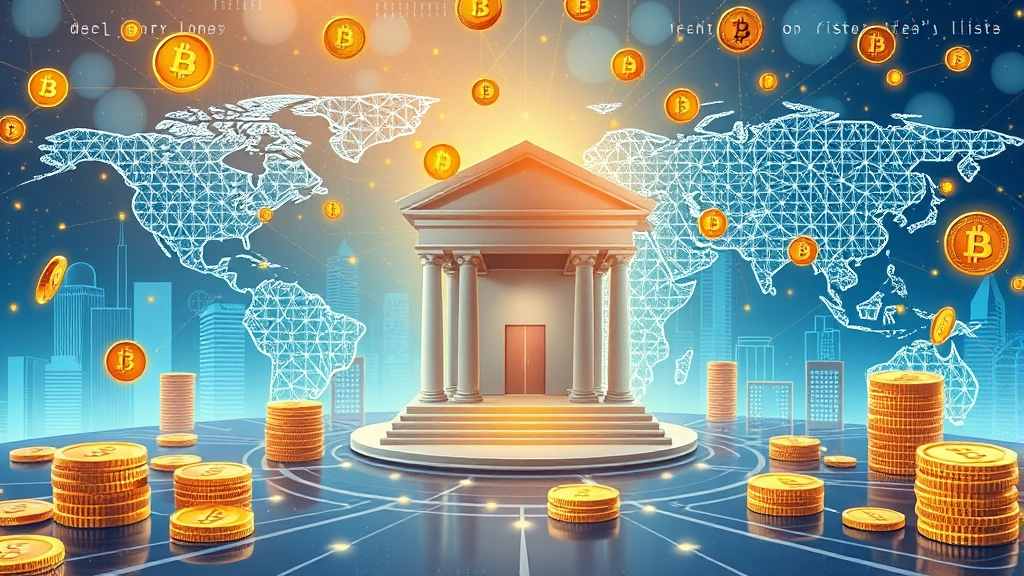 Future vision of cryptocurrency integrated into traditional finance, digital and physical currency merging, global financial network illustration, institutional banking environment with cryptocurrency elements
