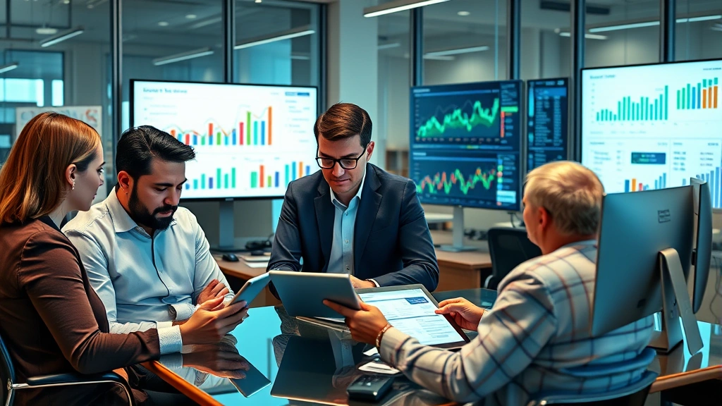 Photorealistic image of diverse investors reviewing portfolio dashboards on tablets and computers, modern financial advisory office setting, charts and growth indicators visible but no specific numbers or text, professional investment planning atmosphere