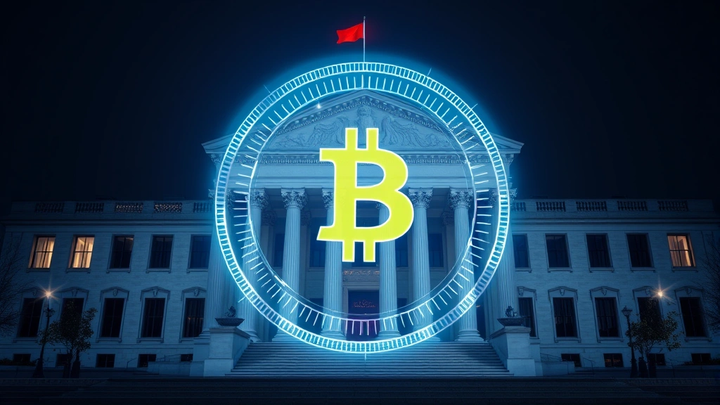 Modern Treasury building with digital Bitcoin symbol hologram overlay, representing government adoption of cryptocurrency, professional lighting, no text