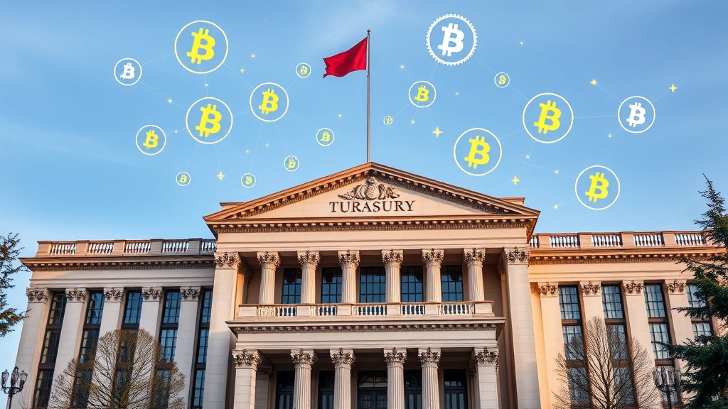 Modern Treasury building with digital blockchain symbols floating above, representing cryptocurrency integration into government finance policy and institutional adoption of Bitcoin technology