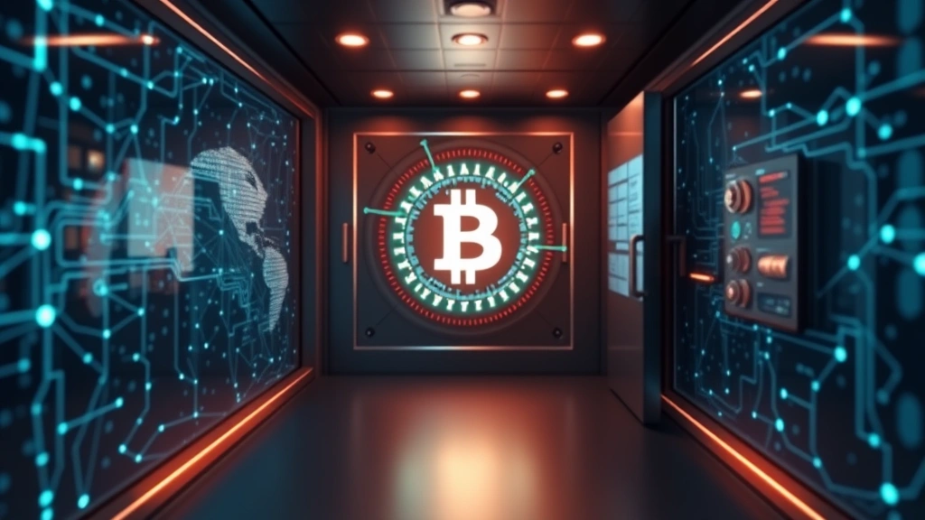 Secure vault interior with glowing blockchain network visualization, representing cryptocurrency custody infrastructure, photorealistic, no text