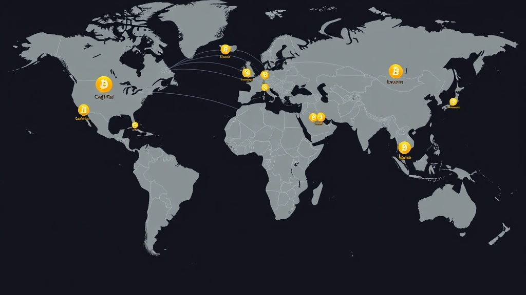 Global financial network map with Bitcoin nodes connecting major world capitals, representing international reserve strategy, no text or labels