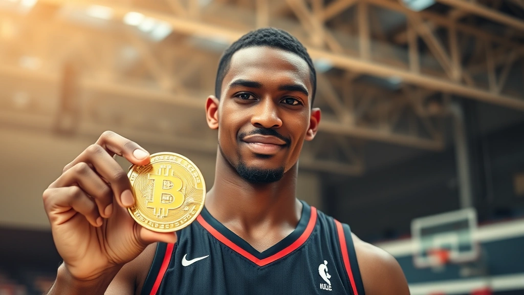 Professional basketball player holding Bitcoin physical coin, modern gymnasium background, natural lighting, determined confident expression, high-resolution photography