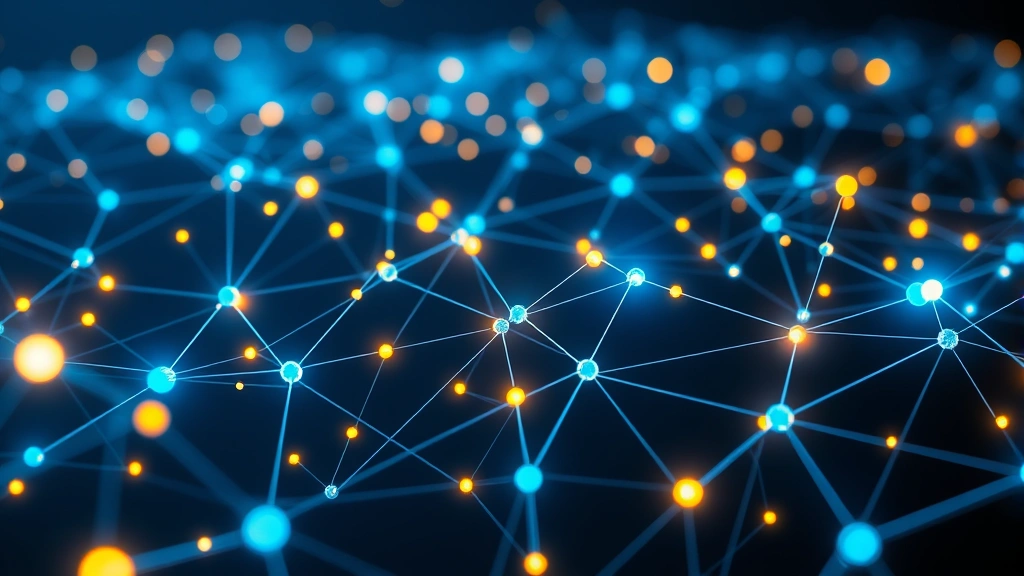 Abstract blockchain network visualization with interconnected nodes glowing blue and gold, digital currency concept, no text or charts, cinematic lighting