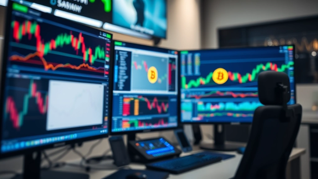 Cryptocurrency trading desk setup with multiple monitors displaying market data, Bitcoin symbols, professional finance environment, shallow depth of field focus