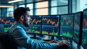 Photorealistic image of a cryptocurrency trader analyzing Bitcoin price charts on multiple monitors in a modern trading office, showing declining price candlesticks and technical analysis patterns