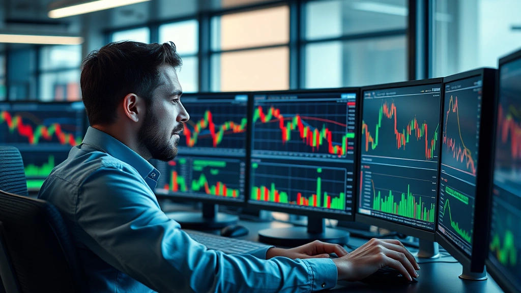 Photorealistic image of a cryptocurrency trader analyzing Bitcoin price charts on multiple monitors in a modern trading office, showing declining price candlesticks and technical analysis patterns