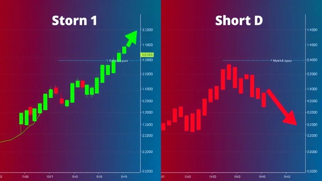 Split-screen visualization: left side shows upward Bitcoin price trajectory with green candlesticks and bullish indicators, right side shows downward price movement with red candlesticks, representing long vs short exposure strategies