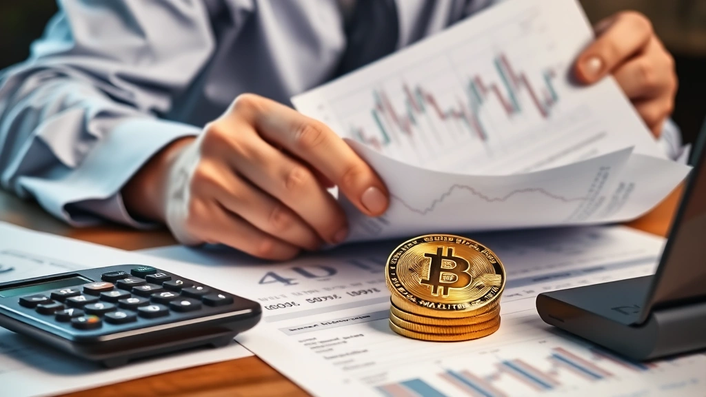 Close-up photograph of a professional investor reviewing financial documents and derivatives contracts related to Bitcoin ETF strategies, with a calculator and portfolio data visible on desk