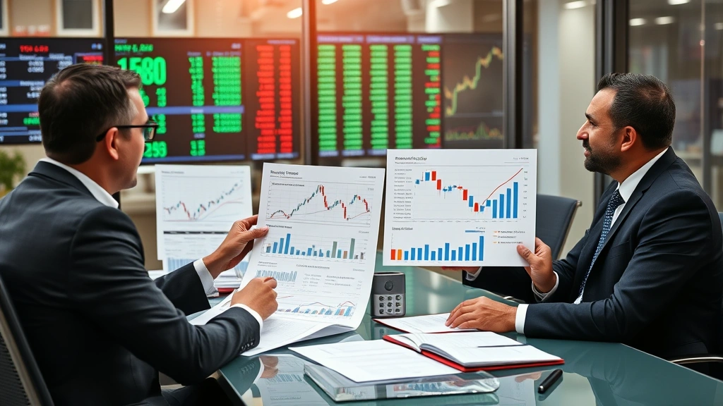 Professional investment advisor meeting with client reviewing portfolio allocation charts and documents, showing Bitcoin ETF holdings and inverse position hedges, modern office environment with financial data displays in background