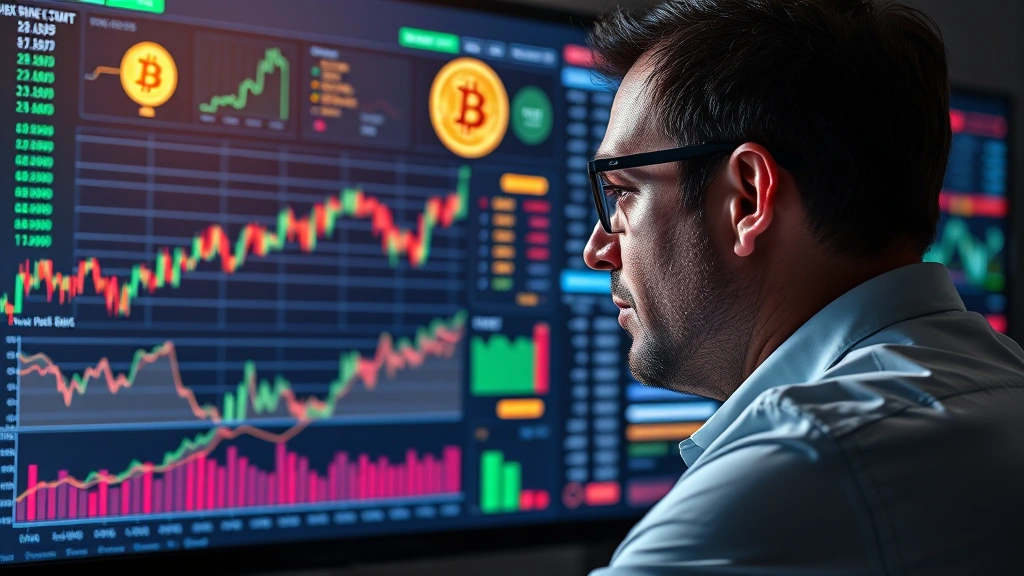 Photorealistic scene of a financial analyst examining Bitcoin market volatility metrics and risk indicators on a digital dashboard, showing charts and real-time market data streams