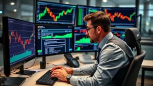 Professional cryptocurrency trader analyzing Bitcoin price charts and market data on multiple monitors in a modern financial office, focused expression studying technical indicators and blockchain metrics