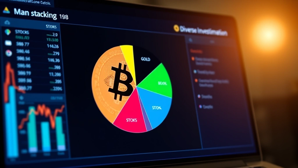 Diverse investment portfolio visualization showing Bitcoin allocation alongside traditional stocks, bonds, and gold in a pie chart on a digital screen, representing portfolio diversification strategy