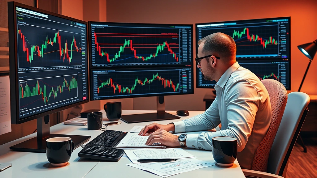 A photorealistic image of a professional investor analyzing Bitcoin price charts on multiple screens, with candlestick patterns and technical indicators visible, sitting at a modern desk with financial documents, cryptocurrency hardware wallet, and coffee cup, warm office lighting